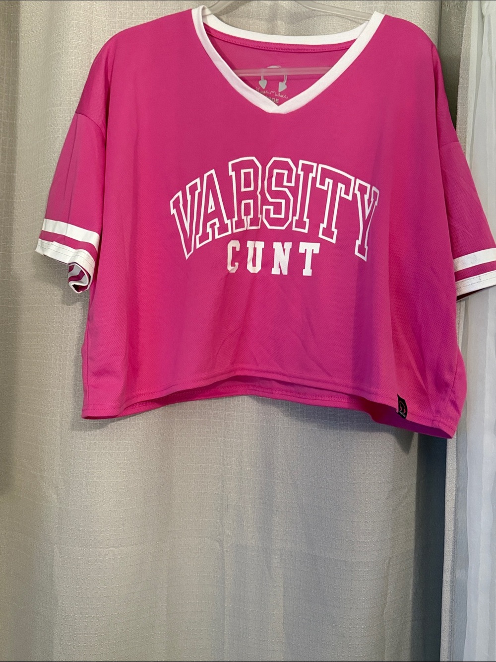 Hot Pink Cropped V-Neck Varsity Graphic Top